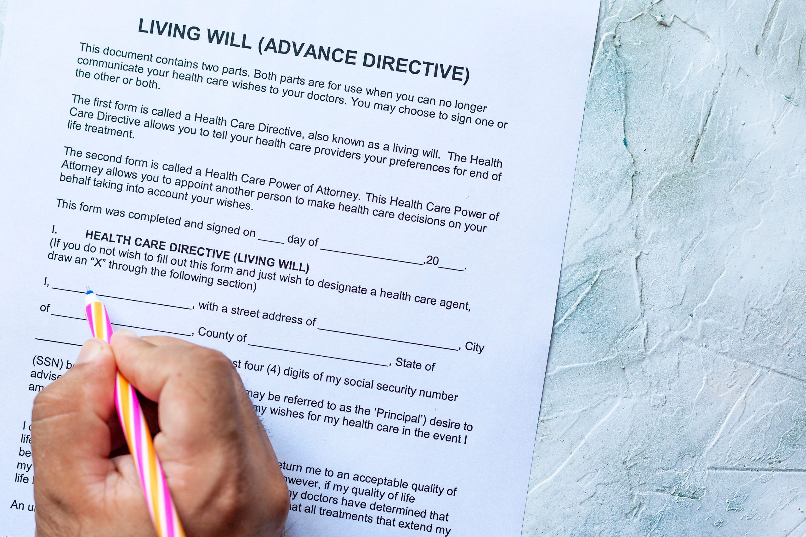 Personal Directive - Living Will document being completed